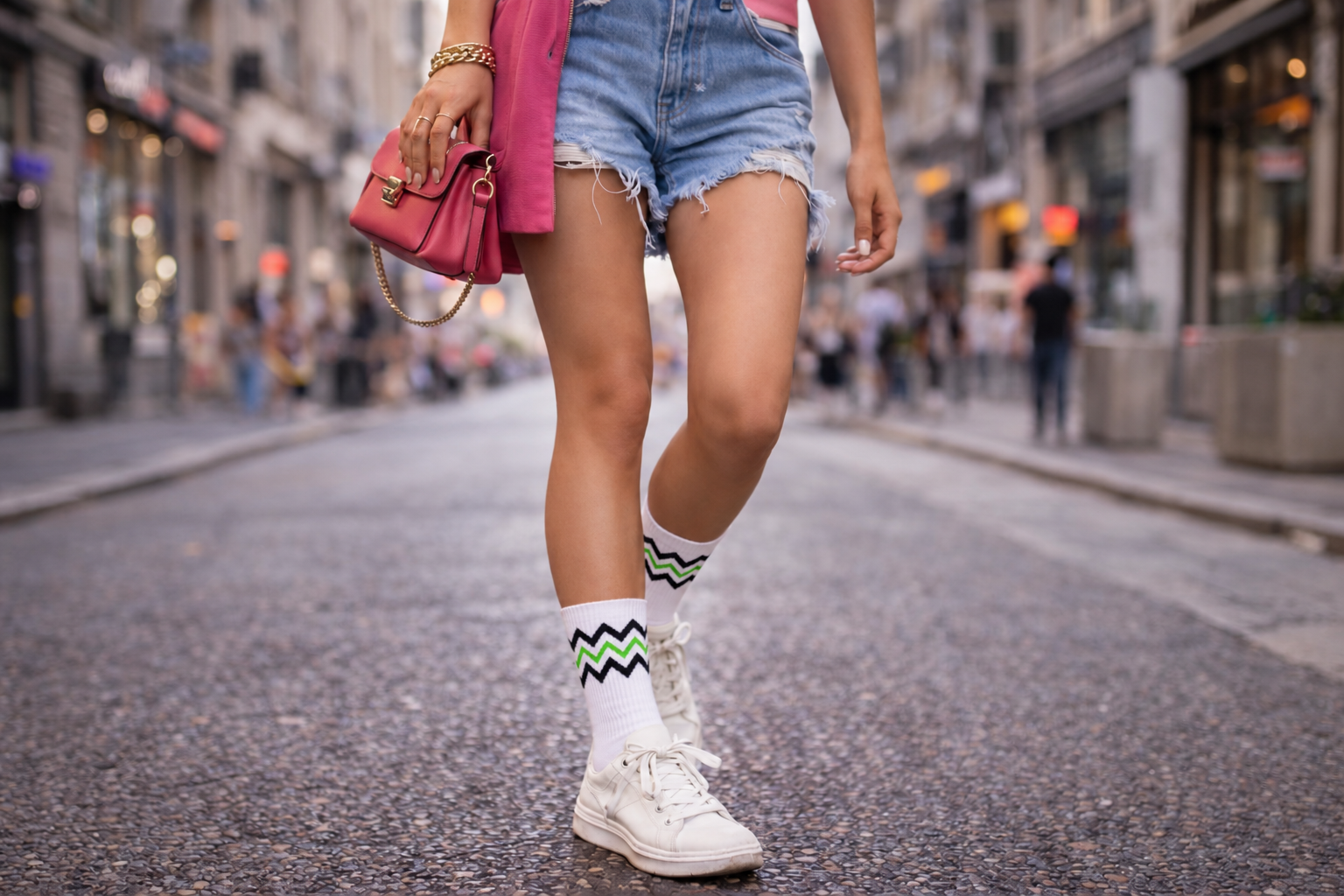 Chaussettes colorées bien visibles avec un short et des sneakers
