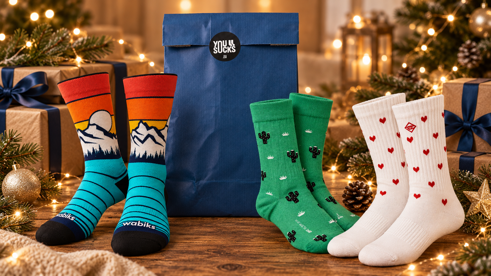 Drei Paar originelle YouSocks-Socken in einer weihnachtlichen Umgebung